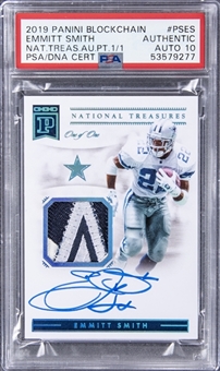 2019 Panini Blockchain National Treasures Patch Auto #PSES Emmitt Smith Signed Patch Card (#1/1) - PSA Authentic, PSA/DNA 10